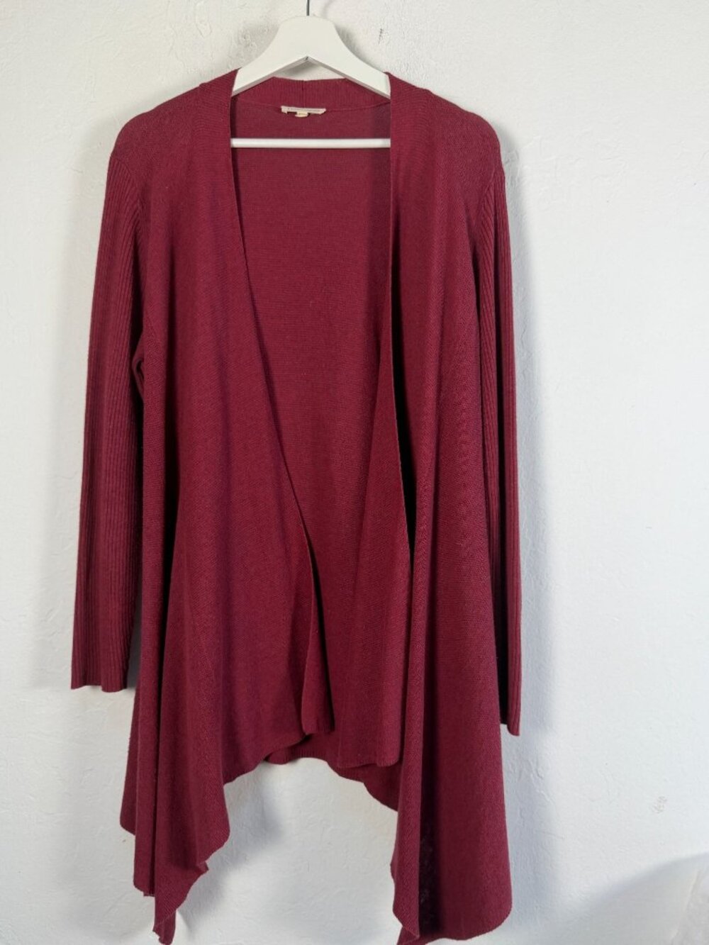 Eileen Fisher Women Burgundy Open Front Draped Cardigan Cotton Linen Blend Large